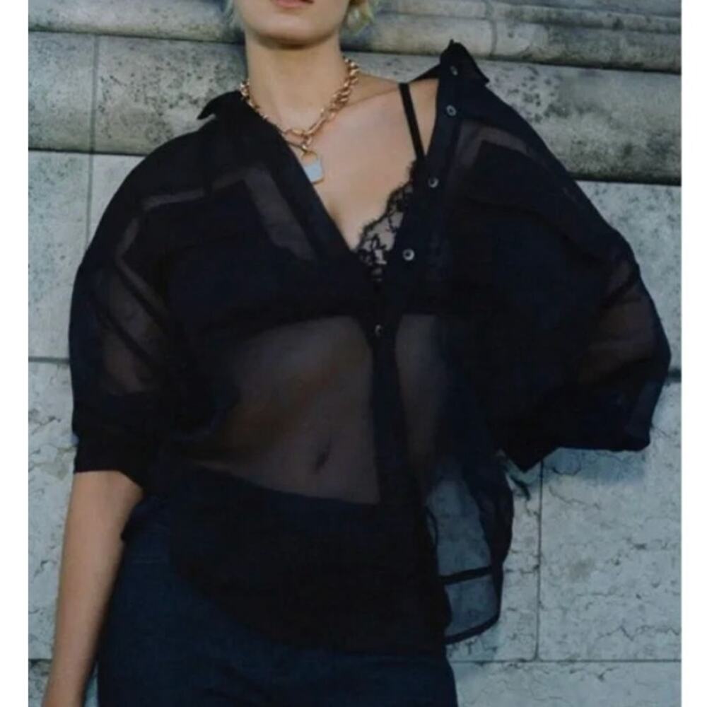 Pilcro Sheer Button Down Shirt Black Oversized Utility Blouse L Anthropologie